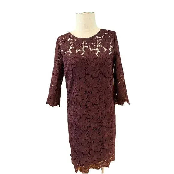 Loft Shift Dress Womens Size 8 Fig Maroon Lace Floral 3/4 Sleeve Back Zipper - Picture 2 of 8